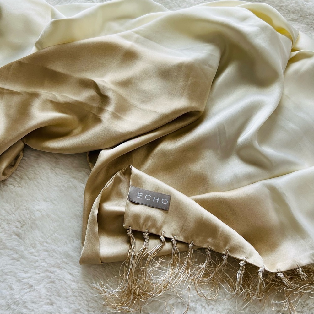 20”x80” ECHO Scarf shawl with a fringed edge. Echo Scarf in Cream and Tan.